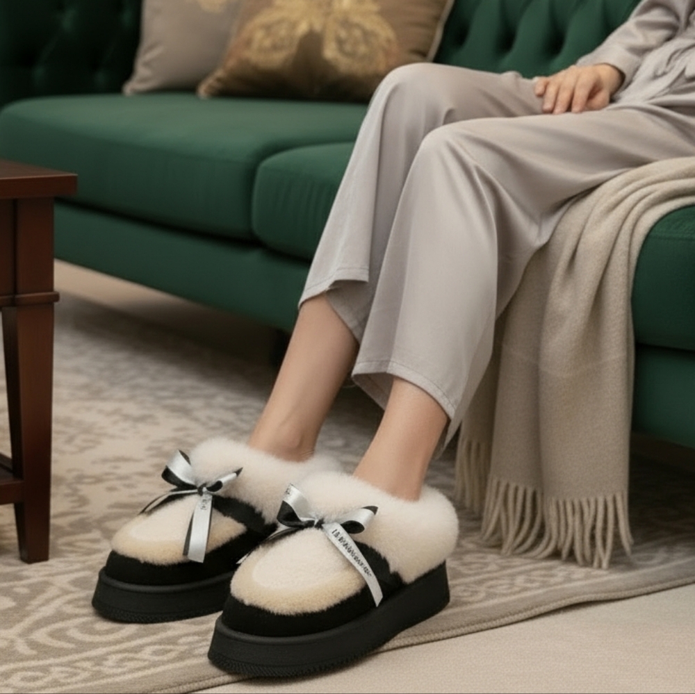 Plush Faux Fur Platform Chunky Bow Slipper Ankle Boots Fuzzy Slip-on Lug Shoes